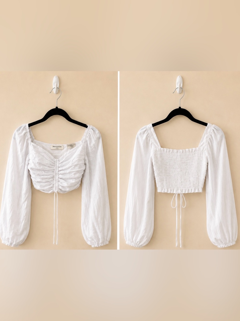 Urban Outfitters White Ruched Long Sleeve Crop Top Size Small